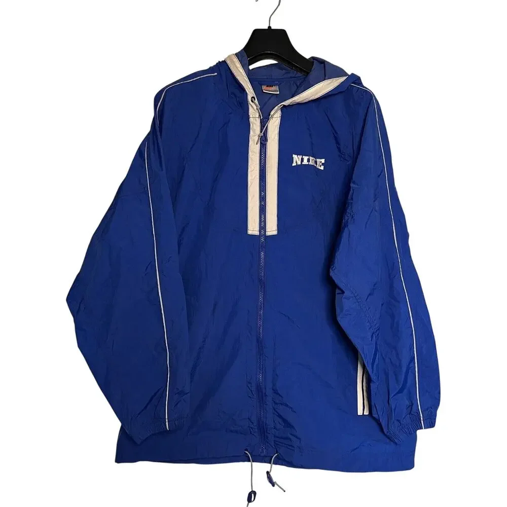 Vintage Nike Big Swoosh Windbreaker Full Zip Jacket Blue White MEDIUM Hood